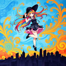 A bright and colorful illustration depicting a girl with loose multicolored hair, swirling in the sky