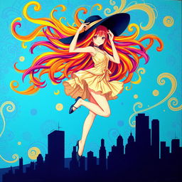 A bright and colorful illustration depicting a girl with loose multicolored hair, swirling in the sky