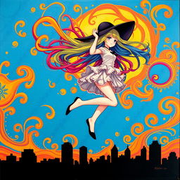 A bright and colorful illustration depicting a girl with loose multicolored hair, swirling in the sky