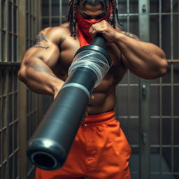 Close-up of a muscular African American gang member in a prison cell