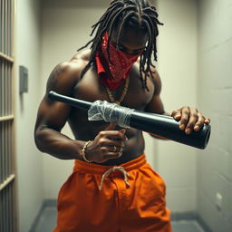 Close-up of a muscular African American gang member in a prison cell