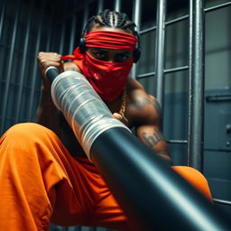 Close-up of a muscular African American gang member in a prison cell