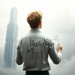 A mysterious image in light colors featuring a young European architect with blond hair, standing with his back to the viewer