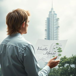 A mysterious image in light colors featuring a young European architect with blond hair, standing with his back to the viewer