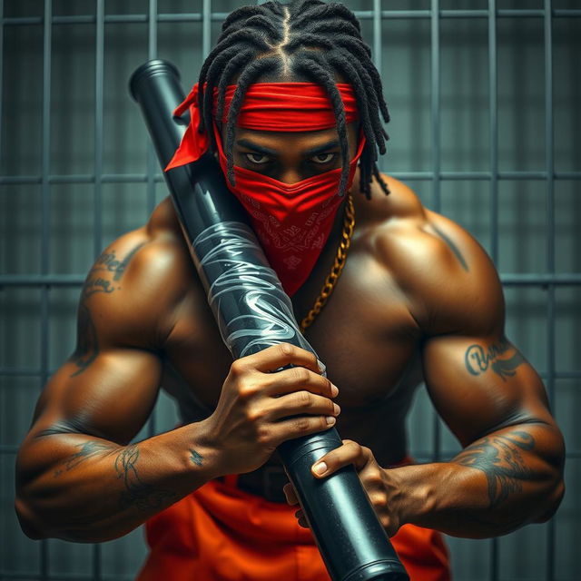 A close-up of a muscular African American gang member in a prison cell