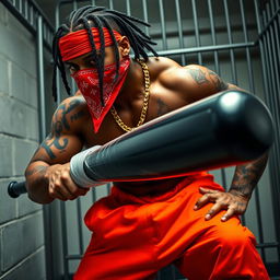 A close-up of a muscular African American gang member in a prison cell