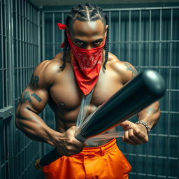 A close-up of a muscular African American gang member in a prison cell