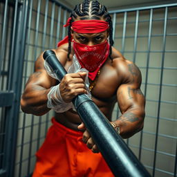 A close-up of a muscular African American gang member in a prison cell