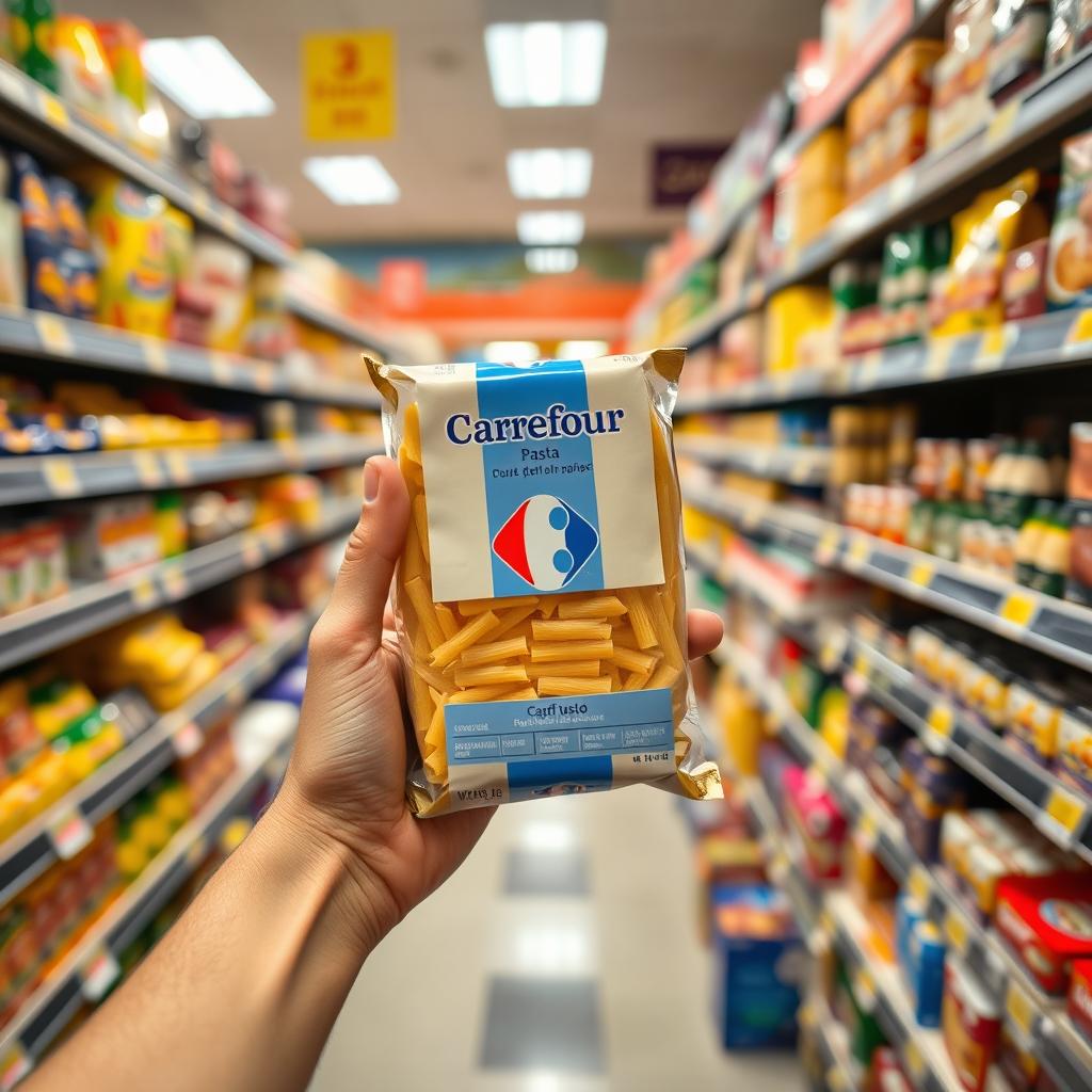 A hand holding a package of Carrefour pasta inside a supermarket