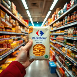 A hand holding a package of Carrefour pasta inside a supermarket