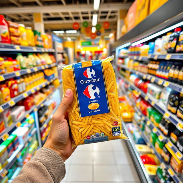 A hand holding a package of Carrefour pasta inside a supermarket