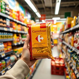 A hand holding a package of Carrefour pasta inside a supermarket