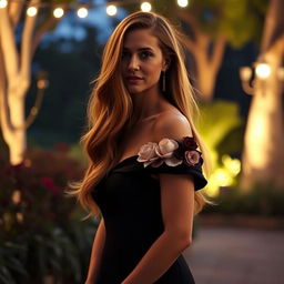 Elegant and sophisticated scene featuring a woman with long, flowing hair, wearing a stylish dress with a floral detail on the shoulder