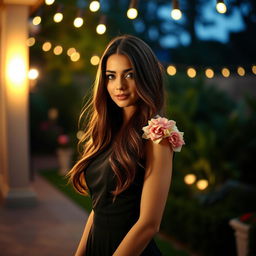 Elegant and sophisticated scene featuring a woman with long, flowing hair, wearing a stylish dress with a floral detail on the shoulder