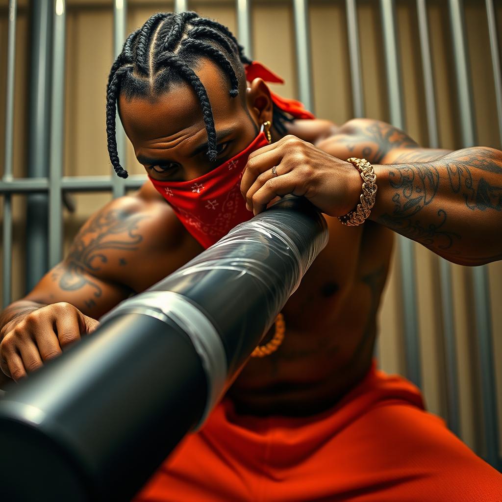 Close-up of a muscular African American gang member in a prison cell, wearing baggy orange pants and a red bandana mask covering his nose and mouth