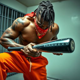 Close-up of a muscular African American gang member in a prison cell, wearing baggy orange pants and a red bandana mask covering his nose and mouth