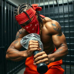 Close-up of a muscular African American gang member in a prison cell, wearing baggy orange pants and a red bandana mask covering his nose and mouth