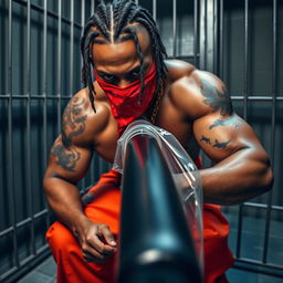 Close-up of a muscular African American gang member in a prison cell, wearing baggy orange pants and a red bandana mask covering his nose and mouth