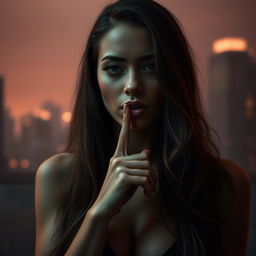 A seductive woman gently placing her finger on her lips in a playful manner