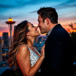 A romantic couple sharing a passionate kiss with the iconic Seattle skyline in the background, highlighting the Space Needle and a vibrant sunset