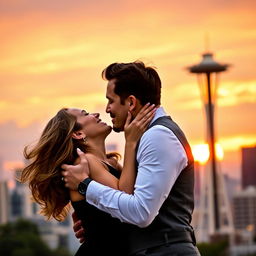 A romantic couple sharing a passionate kiss with the iconic Seattle skyline in the background, highlighting the Space Needle and a vibrant sunset