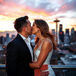 A romantic couple sharing a passionate kiss with the iconic Seattle skyline in the background, highlighting the Space Needle and a vibrant sunset