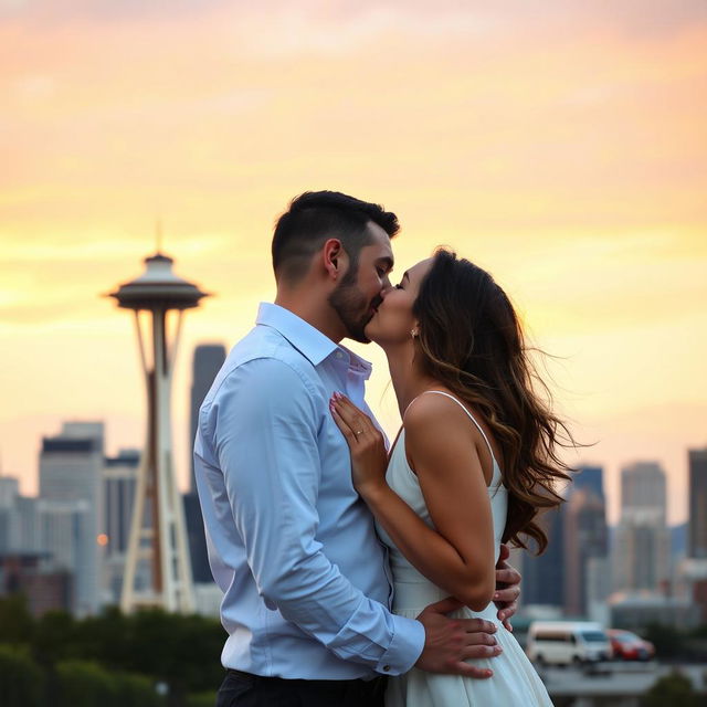 A romantic couple sharing a passionate kiss with the iconic Seattle skyline in the background, highlighting the Space Needle and a vibrant sunset