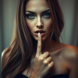 A seductive, attractive woman with long flowing hair softly putting her finger to her lips, with a playful yet mysterious expression