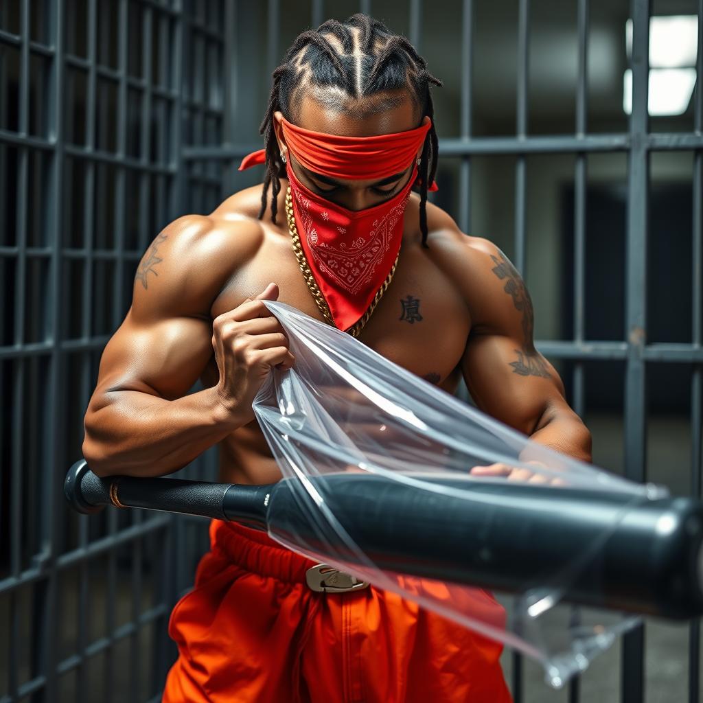 A close-up of a muscular African American gang member standing in a prison cell