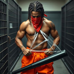 A close-up of a muscular African American gang member standing in a prison cell