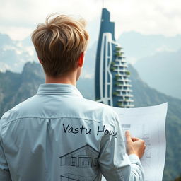 A mysterious image in light colors featuring a young European architect with blond hair, standing with his back to the viewer