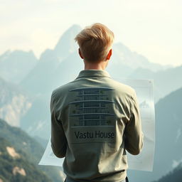 A mysterious image in light colors featuring a young European architect with blond hair, standing with his back to the viewer