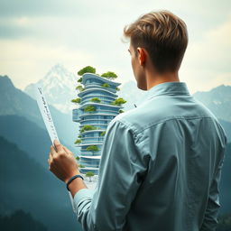 A mysterious image in light colors featuring a young European architect with blond hair, standing with his back to the viewer