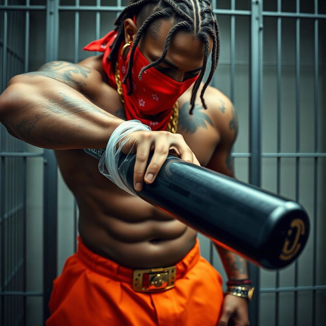 Close-up of a muscular African American gang member with cornrows and tattoos, wearing baggy orange pants and a red bandana mask covering his nose and mouth