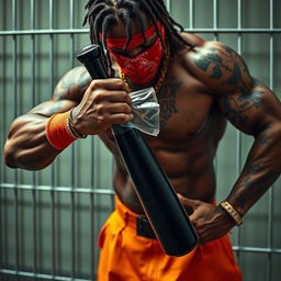 Close-up of a muscular African American gang member with cornrows and tattoos, wearing baggy orange pants and a red bandana mask covering his nose and mouth