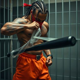 Close-up of a muscular African American gang member with cornrows and tattoos, wearing baggy orange pants and a red bandana mask covering his nose and mouth