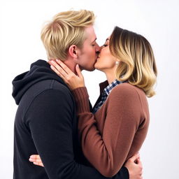 A passionate couple kissing, featuring a blonde man and a slightly shorter brunette woman, with a plain white background