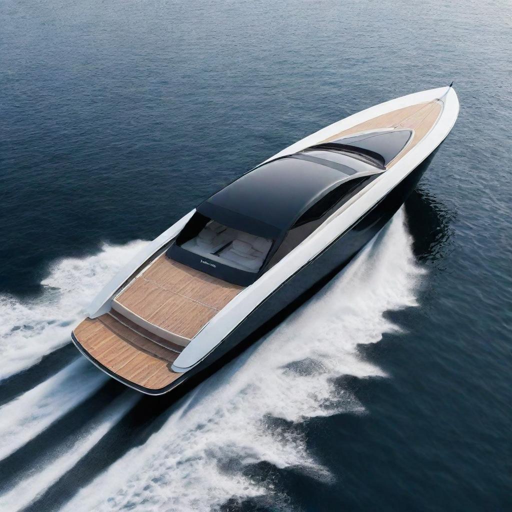 A sleek and contemporary speed boat design that embodies the elegant design aesthetics, notable logo, and iconic colors of a Peugeot car