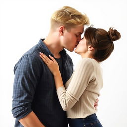 A passionate couple kissing, featuring a blonde man and a slightly shorter brunette woman, with a plain white background