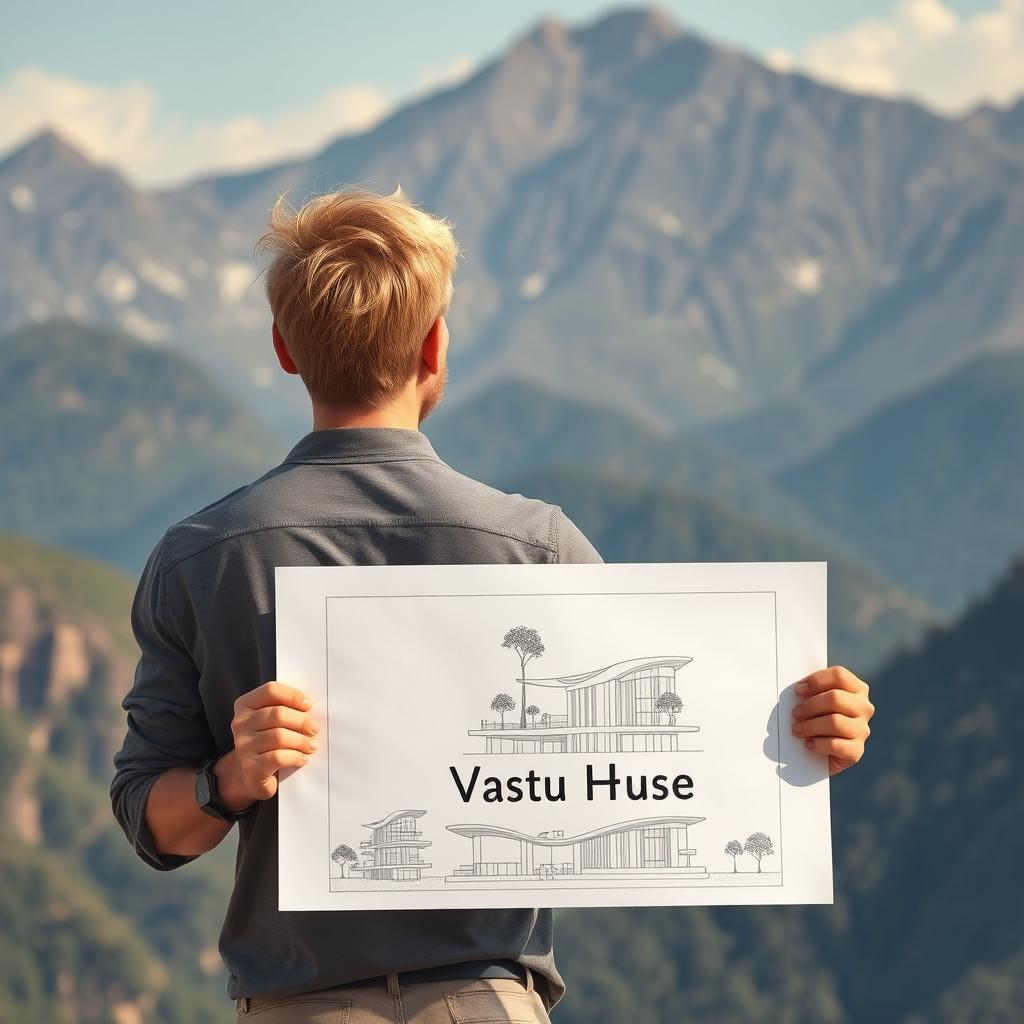 A young European architect with blond hair stands with his back to the viewer, holding a detailed drawing of a modern skyscraper