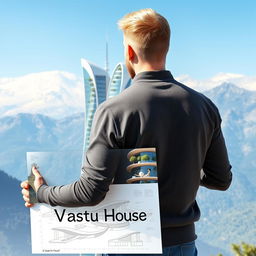 A young European architect with blond hair stands with his back to the viewer, holding a detailed drawing of a modern skyscraper