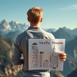 A young European architect with blond hair stands with his back to the viewer, holding a detailed drawing of a modern skyscraper