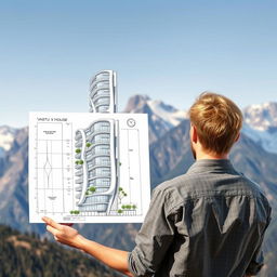 A young European architect with blond hair stands with his back to the viewer, holding a detailed drawing of a modern skyscraper