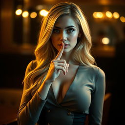 A beautiful blonde woman in a captivating, chic outfit, elegantly placing her finger to her lips in a gesture of silence