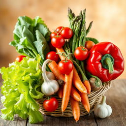 A vibrant still life composition featuring an assortment of colorful vegetables, including cherry tomatoes, crispy lettuce leaves, a bundle of fresh asparagus, carrots with their green tops, a bulb of garlic, and a red bell pepper, all arranged artfully in a woven basket or on a rustic wooden table