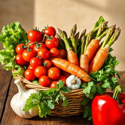 A vibrant still life composition featuring an assortment of colorful vegetables, including cherry tomatoes, crispy lettuce leaves, a bundle of fresh asparagus, carrots with their green tops, a bulb of garlic, and a red bell pepper, all arranged artfully in a woven basket or on a rustic wooden table