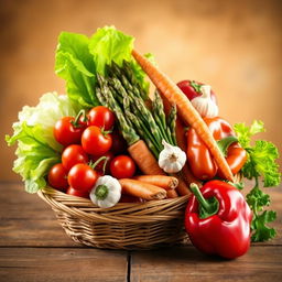 A vibrant still life composition featuring an assortment of colorful vegetables, including cherry tomatoes, crispy lettuce leaves, a bundle of fresh asparagus, carrots with their green tops, a bulb of garlic, and a red bell pepper, all arranged artfully in a woven basket or on a rustic wooden table