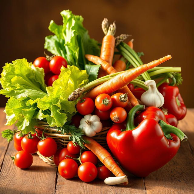 A vibrant still life composition featuring an assortment of colorful vegetables, including cherry tomatoes, crispy lettuce leaves, a bundle of fresh asparagus, carrots with their green tops, a bulb of garlic, and a red bell pepper, all arranged artfully in a woven basket or on a rustic wooden table