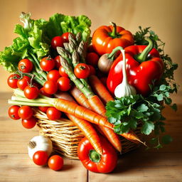 A vibrant still life composition featuring an assortment of colorful vegetables, including cherry tomatoes, crispy lettuce leaves, a bundle of fresh asparagus, carrots with their green tops, a bulb of garlic, and a red bell pepper, all arranged artfully in a woven basket or on a rustic wooden table