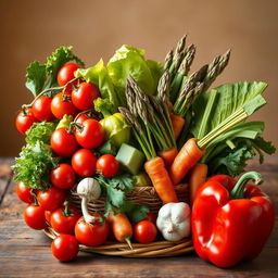 A vibrant still life composition featuring an assortment of colorful vegetables, including cherry tomatoes, crispy lettuce leaves, a bundle of fresh asparagus, carrots with their green tops, a bulb of garlic, and a red bell pepper, all arranged artfully in a woven basket or on a rustic wooden table